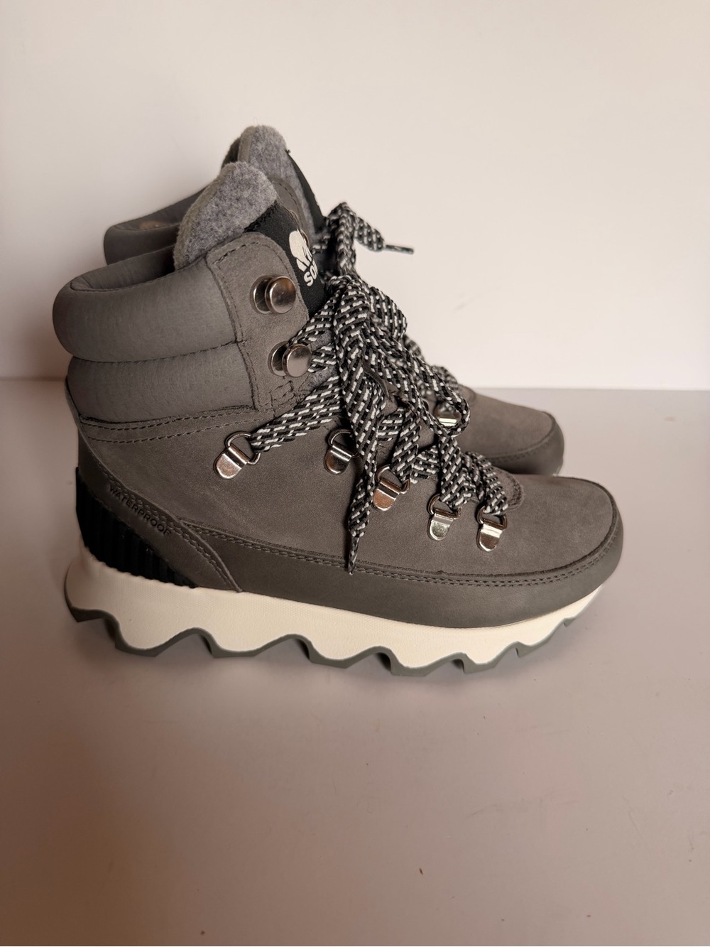 Sorel Gray Lace-Up Hiking Bootie with Chunky White Sole